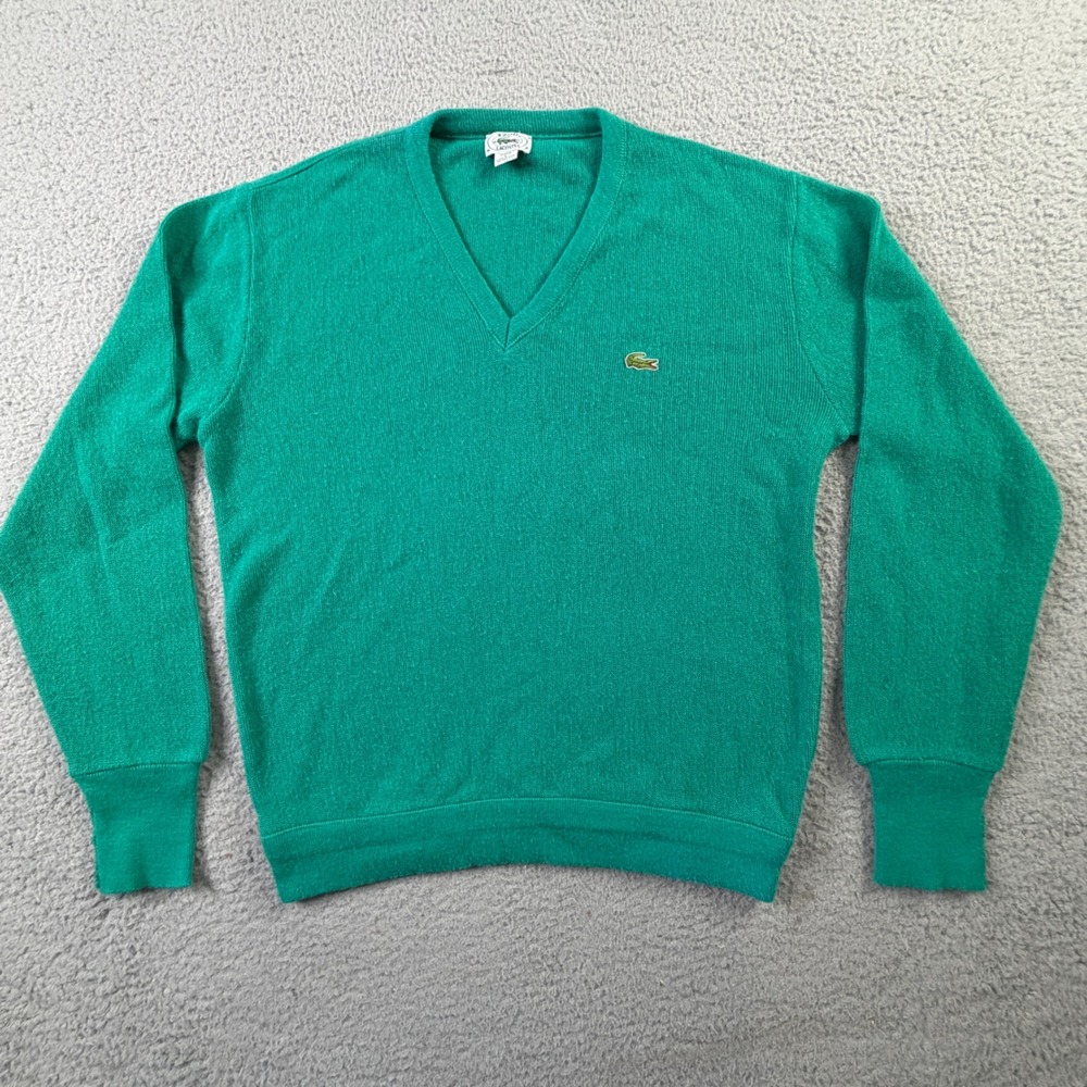 Vintage Izod Lacoste V-Neck Sweater Mens Large Green Orlon Acrylic Made in USA